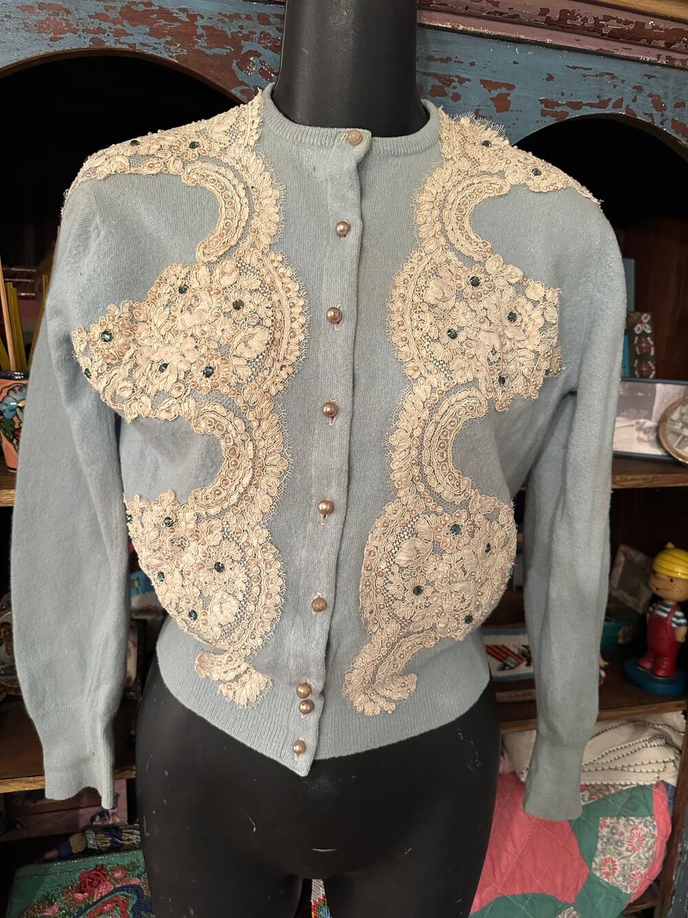 SPECTACULAR LINED VINTAGE LACE & JEWEL TRIM CARDIGAN SWEATER